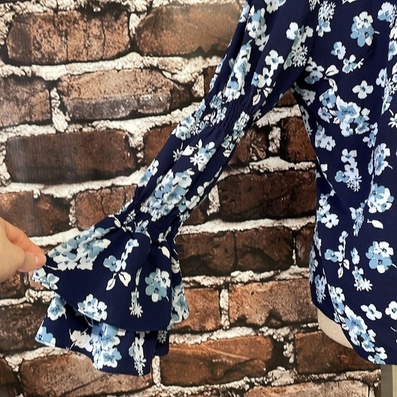 Michael Kors Blouse Top Shirt Womens XL Extra Large Blue Floral Button Peasant - Picture 10 of 14